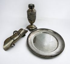 Three continental white metal items stamped 800. A 31.5cm salver and a basket with matching cast