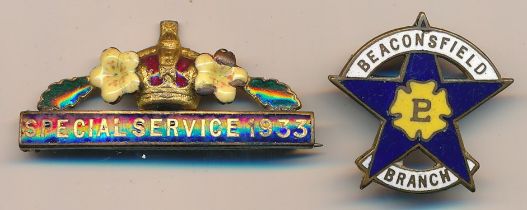 Primrose League badges. Scarce Beaconsfield Branch and Special Service 1933 Bar badge. Both badges