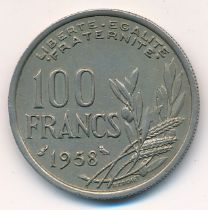 1958 One hundred Francs coin with Owl privy mark, extremely fine. Rare coin.