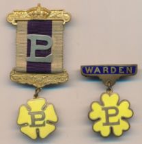 Primrose League badges. Associate Full Dress Badge and Warden Badge. Both badges in good order