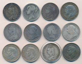 Collection of silver crowns (12), in mixed condition with 182?, 1821, 1844, 1889, 1890, 1891,