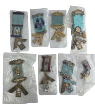 Collection of 8 Past Masters jewels, all marked as silver. Includes: Centre Point Lodge No. 7866,