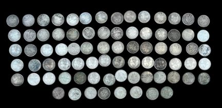 Collection of silver threepences (78), in mixed condition, all different dates with 1836, 1839,