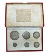 George V Great Britain 1927 silver six coin proof set wreath crown to threepence, housed in a red