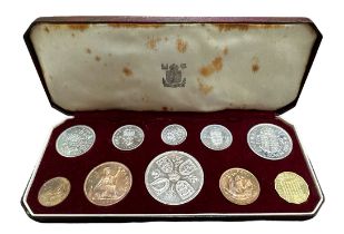 1953 UK proof cased set of 10 coins (crown to farthing), in case of issue with "EIIR Crowned 2nd
