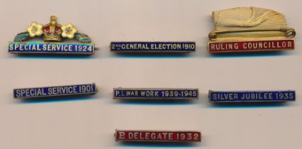 Primrose League Bar badges. General Election 1910, P.L War Work 1939-1945, Ruling Councillor,