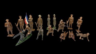 John Hill & Co. WW1 soldiers, generally good plus to good, with French flag bearer, Vickers-type