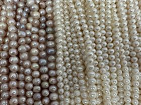 A large quantity of cultured pearl strands (approx 165) for jewellery making. Pearl sizes and shapes