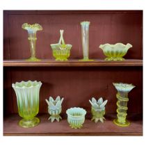 Victorian Davidson’s Pearline Primrose Yellow / “ Uranium " glass vases / small bowl collection,