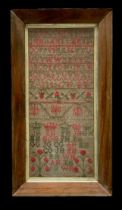 18th / 19th Century small Alphabet embroidery sampler, Alphabet and Numerals to top in red and green