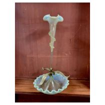 Victorian Vaseline glass green tinted epergne, with single central flute and three brass leaf