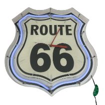 Route 66 neon light up wall clock, novelty. Height 45cm, width 42cm, depth 6cm. Untested, buyer to