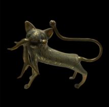 African brass wild cat with dog in mouth, possibly Benin, brass figurine with engraved pattern to