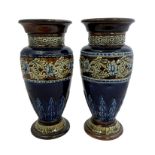 Royal Doulton, pair of Royal Doulton Lambeth stone glazed vases, glazed with blue and brown,
