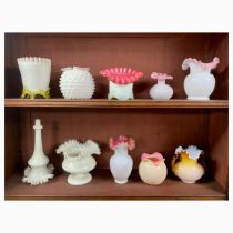 Victorian collection of custard / milk glassware vases, predominantly with pink accents, various