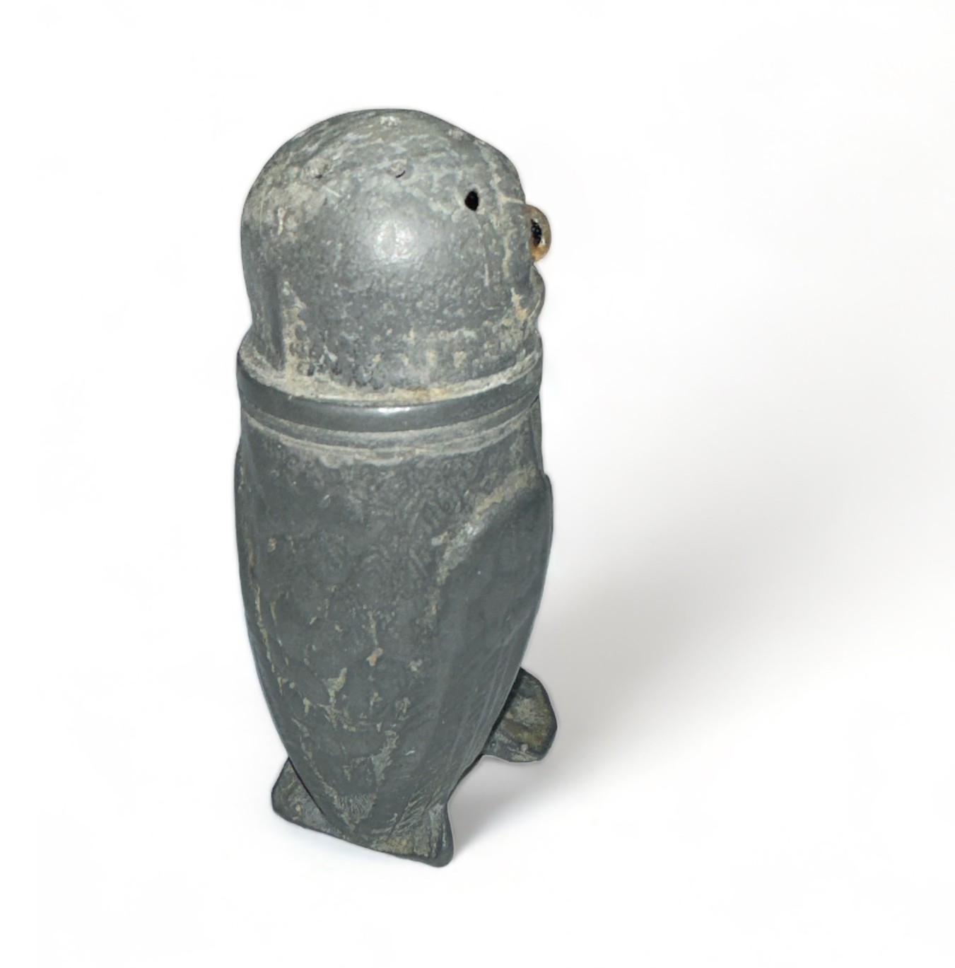 A late 19th / early 20th Century pewter novelty pepperette in the form of an owl, with glass eyes. - Image 2 of 4
