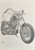 Drawing of a chopper motorcycle. Hand drawn and signed by V. Nikon, dated 22nd May 1994.