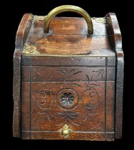 Wooden coal scuttle, opening front flap, removable metal liner, brass handle and fittings, approx.