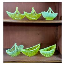 Victorian Davidson’s Pearline Primrose Yellow / “Uranium “ glass dishes / baskets including; shell