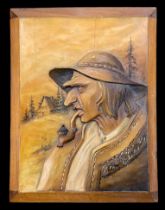Swiss carved wooden relief painting of a traditional man smoking a pipe, with mountainous