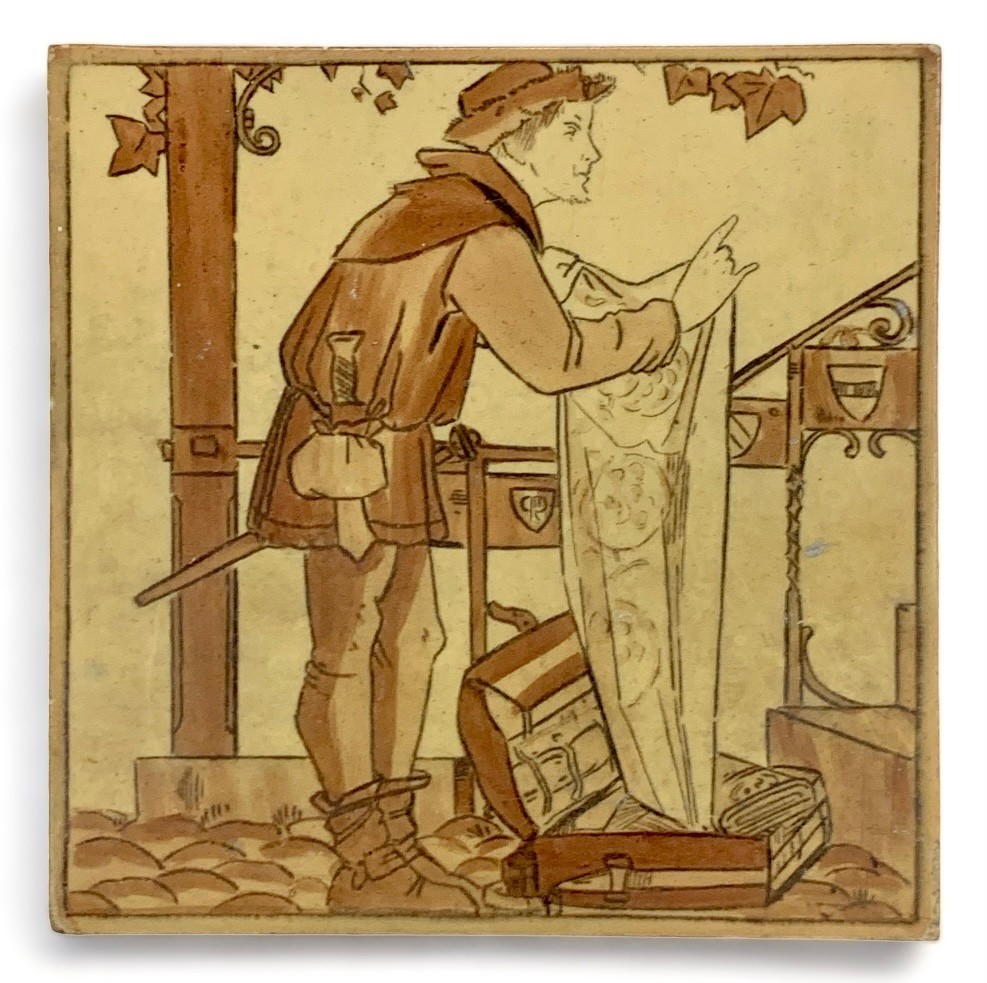Copeland, late 19th Century single medieval pursuits unpacking case tile. Tile measures 15cm square.