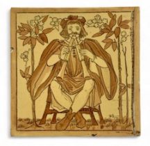 Copeland, late 19th Century single Medieval Musicians tile depicting a recorder player. Heat