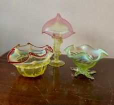 Victorian “ Uranium “ glassware, three pieces of flowered glass vases to include a Jack in the