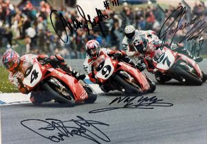 Framed Ducati Team signed picture. Signed by Carl Fogarty, Neil Hodgson, Aaron Slight &