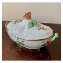 Herend, Herend Hungary hand painted ceramic rose lidded dish, with external raised rose topper to