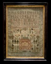 18th Century Alphabet embroidery sampler by Anne Williamson, 1793. Top half features full alphabet