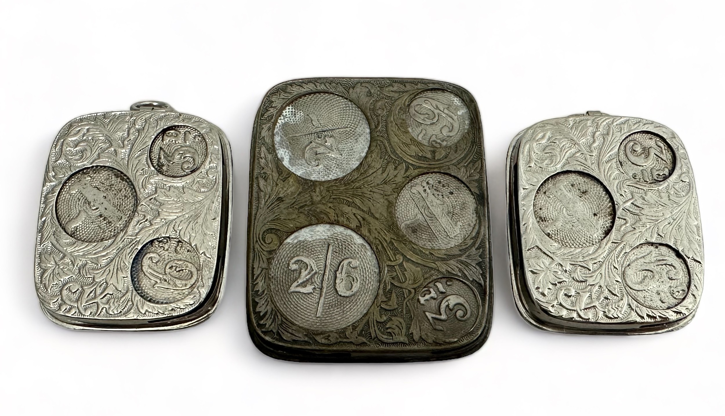 Three white metal sovereign holders with foliate design. Two with dimensions of approx 50mm x - Image 2 of 2
