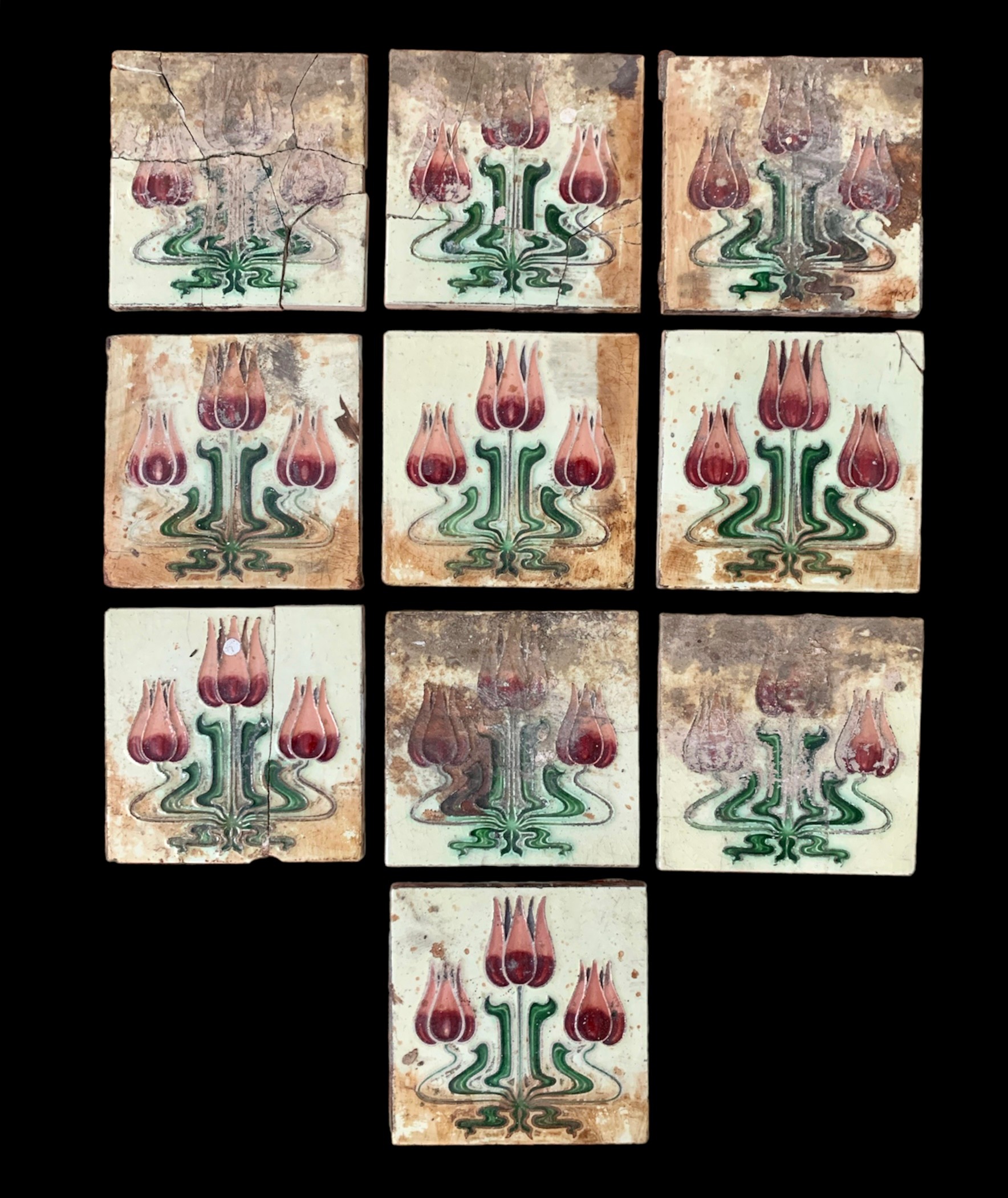 Art Nouveau three tulip fireplace tiles by Gibbons Hinton & Co, cream green & red design, seven