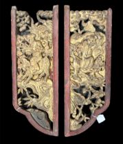 Chinese, pair of Chinese carved wood relief panels, red with gilt gold decoration. (2)