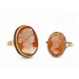 Two gold shell cameo rings both depicting a lady in profile. A ring with a head 21mm in length which