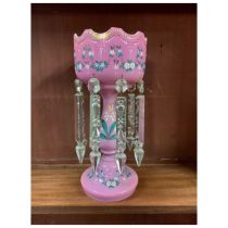 Victorian pink opaline glass mantle lustre vase with hanging crystals, floral enamel and gilt