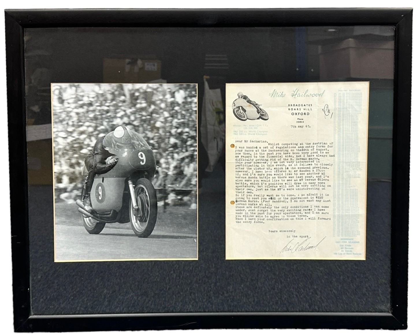 Framed Mike Hailwood signed letter. This letter dated 7th May 1963 is to a Mr. Zacharias owner of