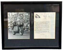 Framed Mike Hailwood signed letter. This letter dated 7th May 1963 is to a Mr. Zacharias owner of