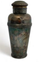 A mid 20th Century silver plated cocktail shaker by Harrods of London. Two pint capacity, stamped