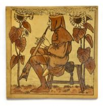 Copeland, late 19th Century single Medieval Musicians tile depicting a flute player. Fire damage