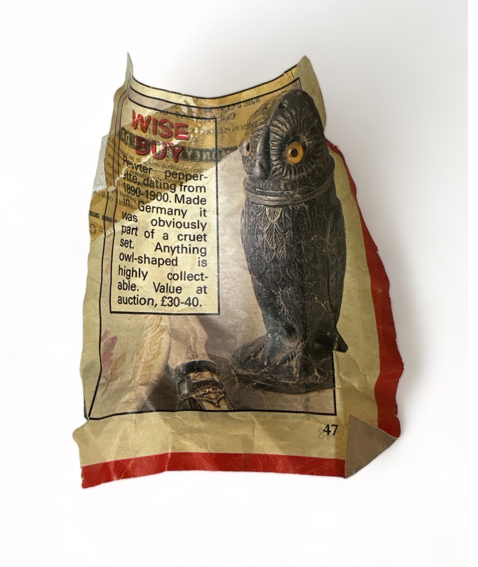 A late 19th / early 20th Century pewter novelty pepperette in the form of an owl, with glass eyes. - Image 4 of 4