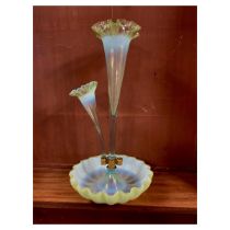 Victorian green tinted Vaseline glass epergne, missing one flute. Epergne supposed to have three
