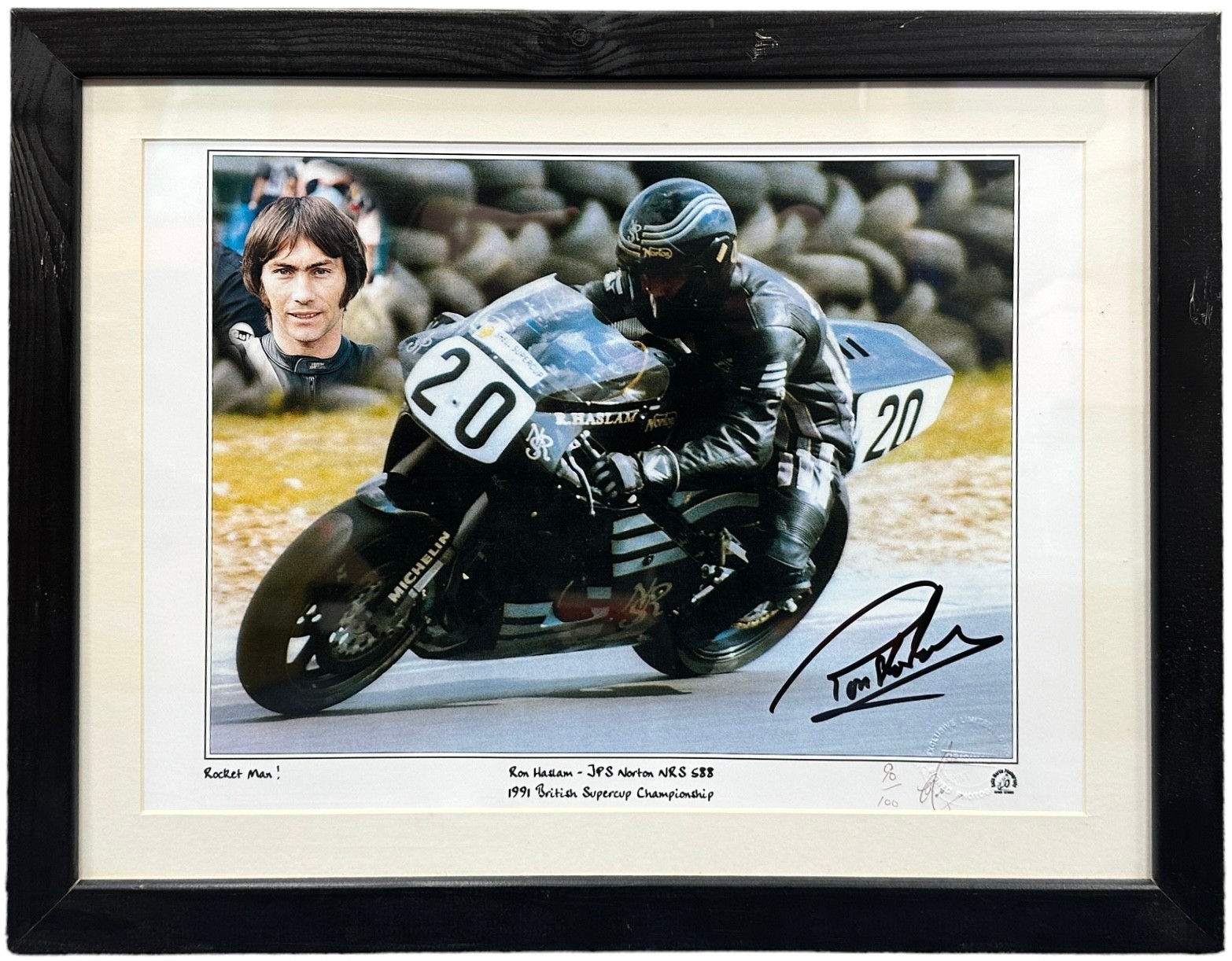 Framed signed Ron Haslam picture. Ron Haslam on his JPS Norton NRS 588, during the 1991 British - Image 2 of 3