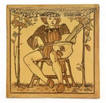 Copeland, late 19th Century single Medieval Musicians tile depicting a man playing a large