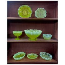 Victorian Davidson’s Pearline Primrose Yellow / “ Uranium " glass bowl collection, varying sizes,