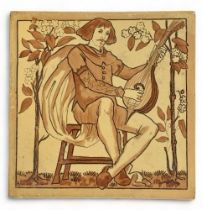 Copeland, late 19th Century single Medieval Musicians tile depicting a guitar / gittern player,
