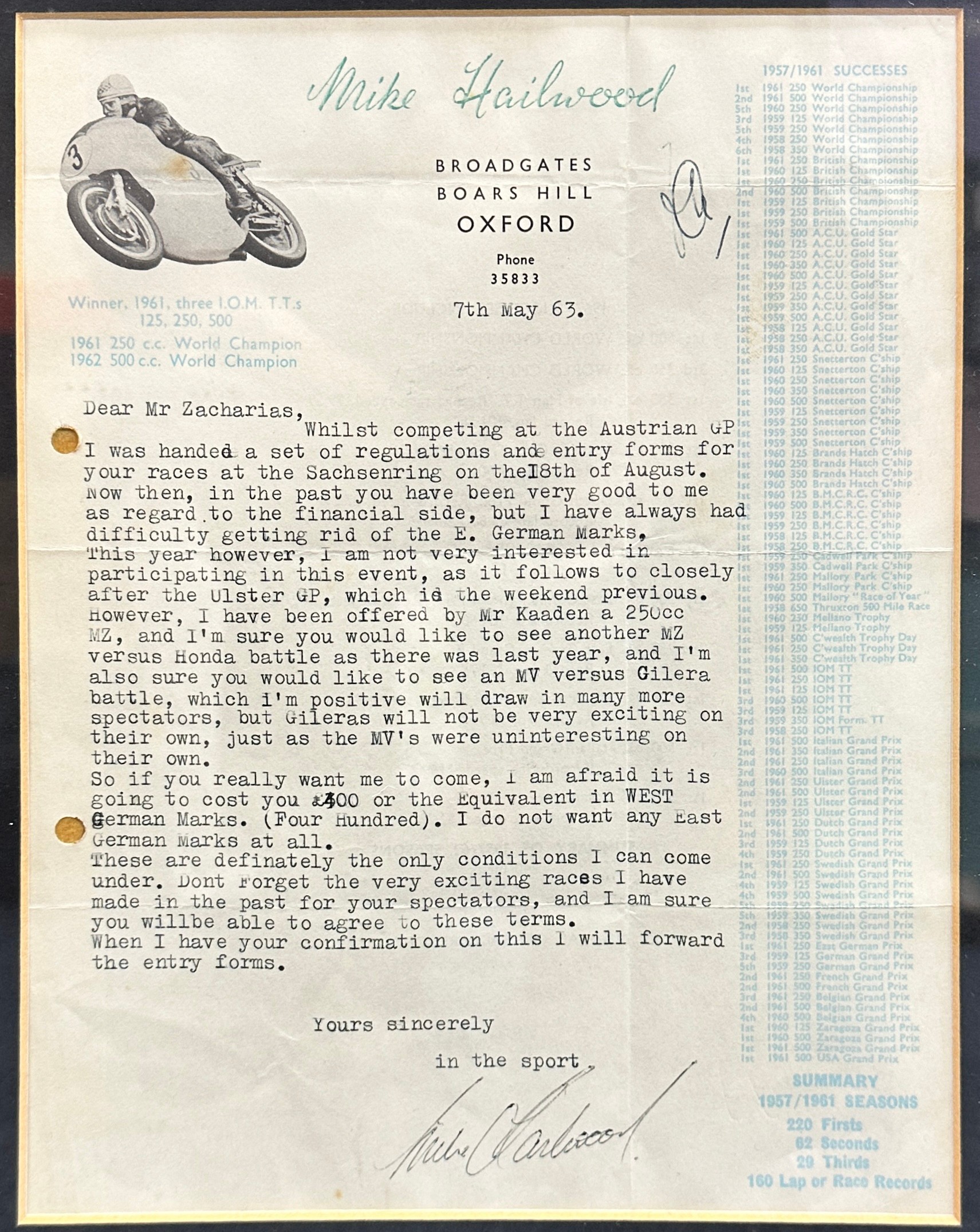 Framed Mike Hailwood signed letter. This letter dated 7th May 1963 is to a Mr. Zacharias owner of - Image 2 of 4