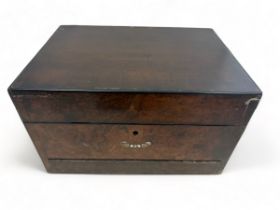 A Victorian walnut wooden jewellery box with mirror, lower drawer and side compartment. Dimensions