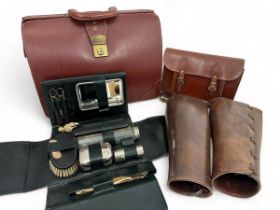 Collection of leather goods to include a Gladstone bag, 41cm x 30cm, a satchel, a pair of riding