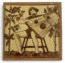 Copeland, late 19th Century single Medieval Musicians tile depicting a harp player, impressed