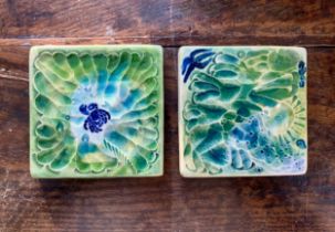 Boyd Family (Australian), pair of hand painted aquatic design tiles, with impressed and painted